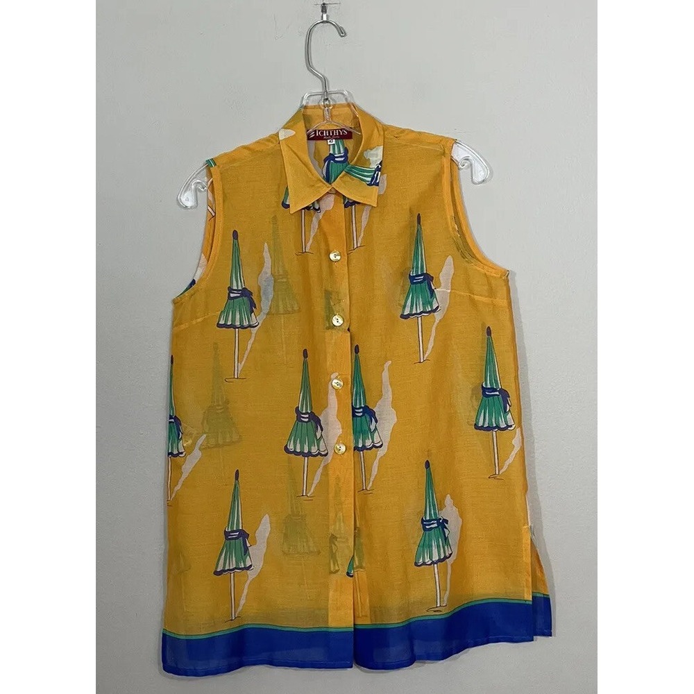 Vintage ICHTHYS Monte Carlo Sz 42 Sleeveless Top Umbrella Print‎ Coastal Retro